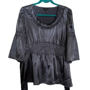 Piano Gray Satin Blouse M Dark Fairy Smocking 3/4 bell sleeves Whmsy Coquette